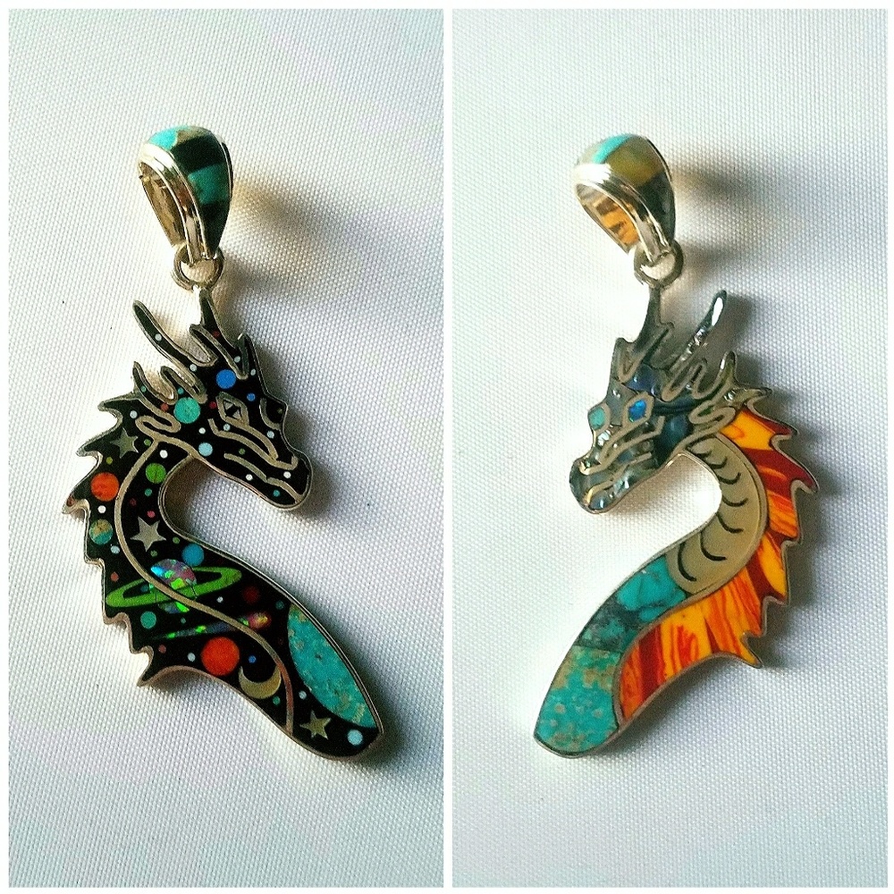 925 Silver Multi Stone Reversible Dragon Pendant